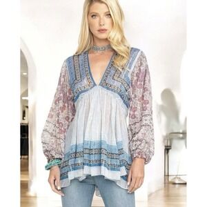 Free People Aliyah Tunic Top Small Blue Combo‎ Boho Babydoll Bishop Sleeve NWT